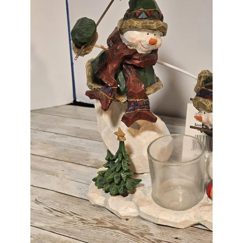 Vintage NOS‎ Snowman Votive Candle Holder Wooden Carved Heavy Sturdy